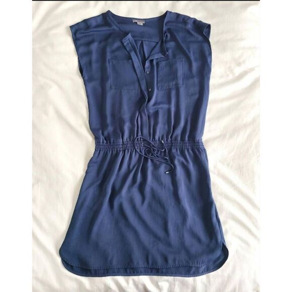 Vince Mini Shirt Dress Womens Large Blue Sleeveless Elastic Wasit 100% Polyester - Picture 1 of 8